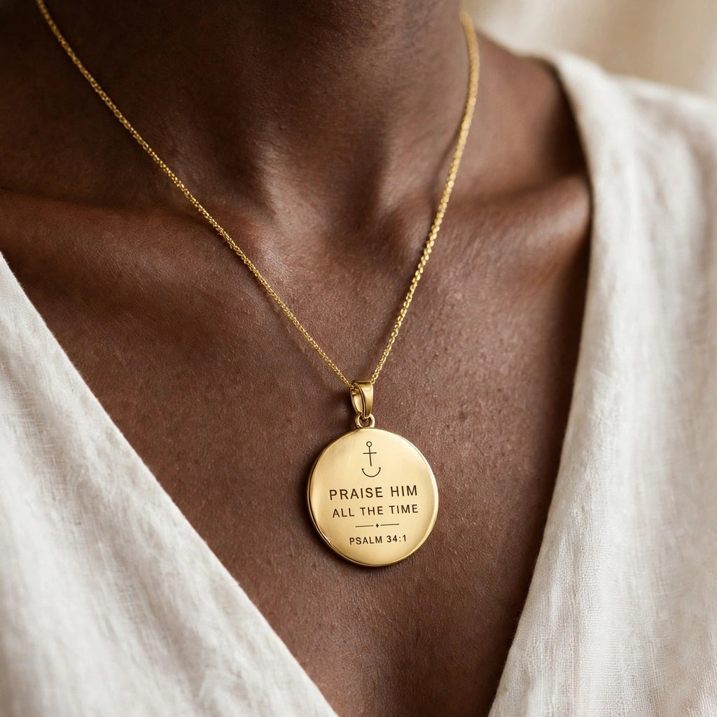 PraiseAnchor Praise Him All The Time Necklace - gold pendant on Black model