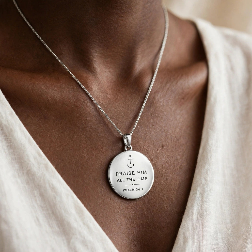 PraiseAnchor Praise Him All The Time Necklace - silver pendant on Black model