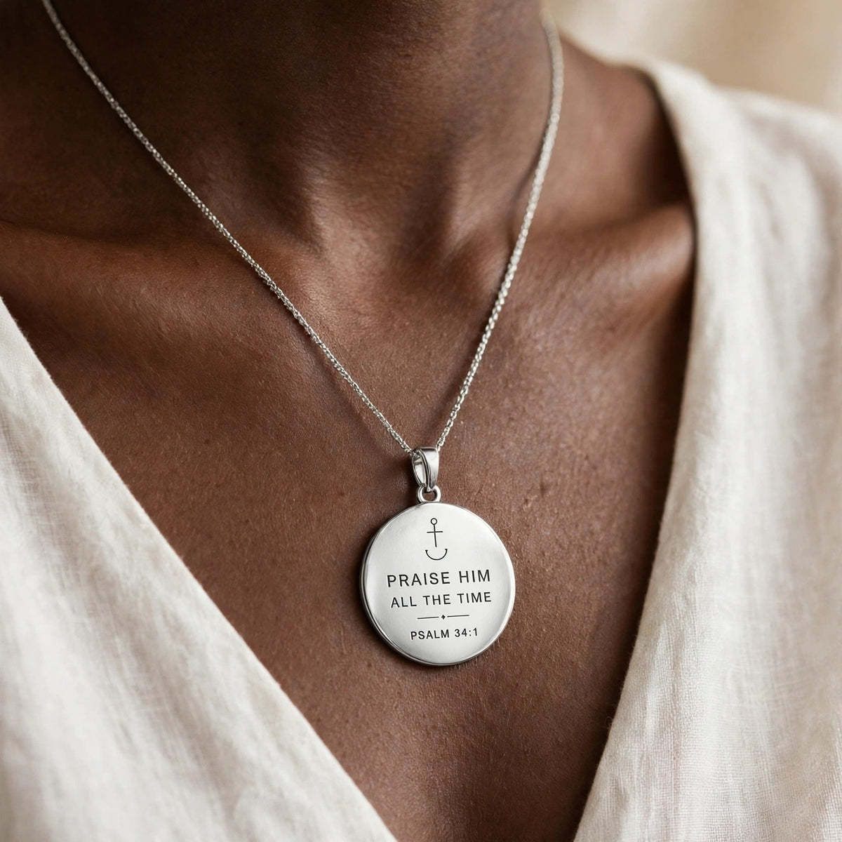 PraiseAnchor Praise Him All The Time Necklace - silver pendant on Black model