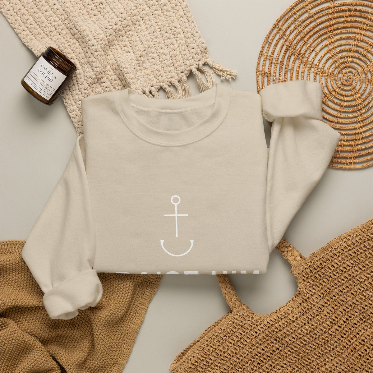PraiseAnchor Praise Him All The Time Crewneck Sweatshirt - cream flat lay